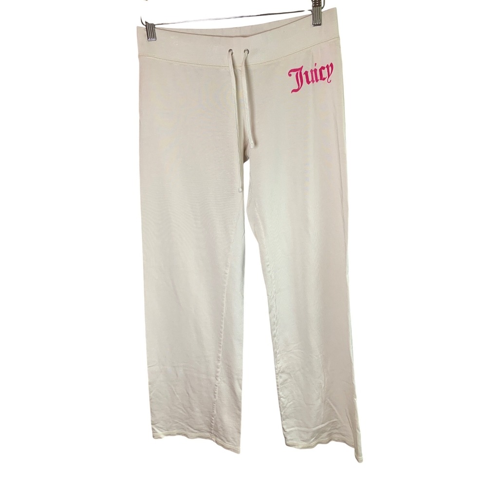 Vintage W2K Juicy Couture Womens Cream Ribbed Wide Leg Lounge Pants Made in USA